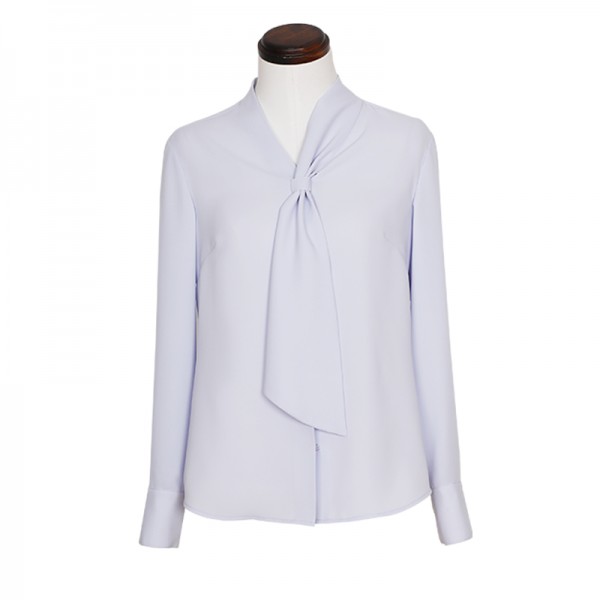 雾霾蓝飘带女士长袖衬衣