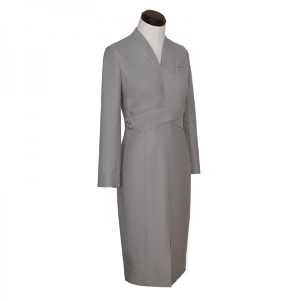 银灰色V领立体交叉装饰腰带女士中长款连衣裙