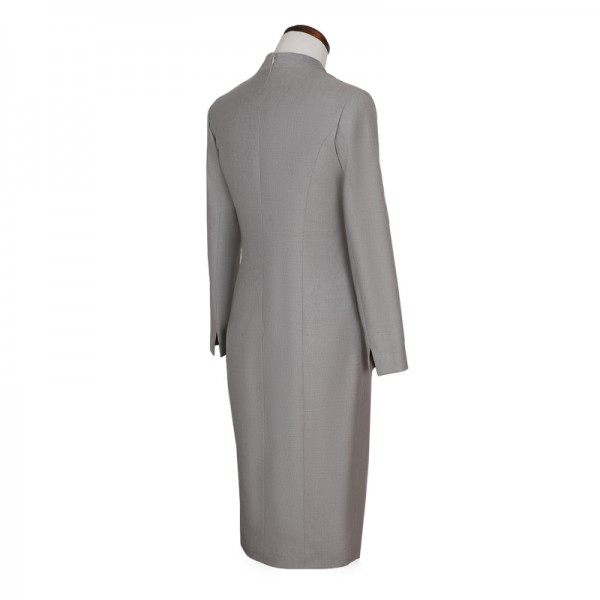 银灰色V领立体交叉装饰腰带女士中长款连衣裙