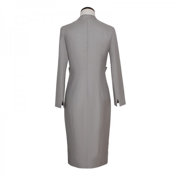 银灰色V领立体交叉装饰腰带女士中长款连衣裙