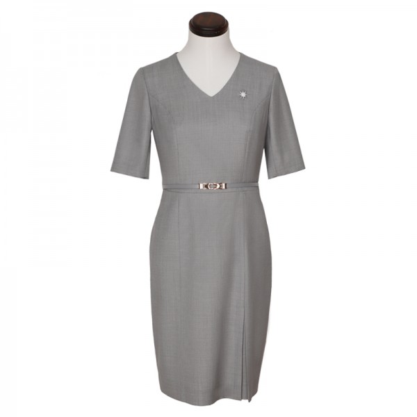 银灰色女士V领腰带款连衣裙